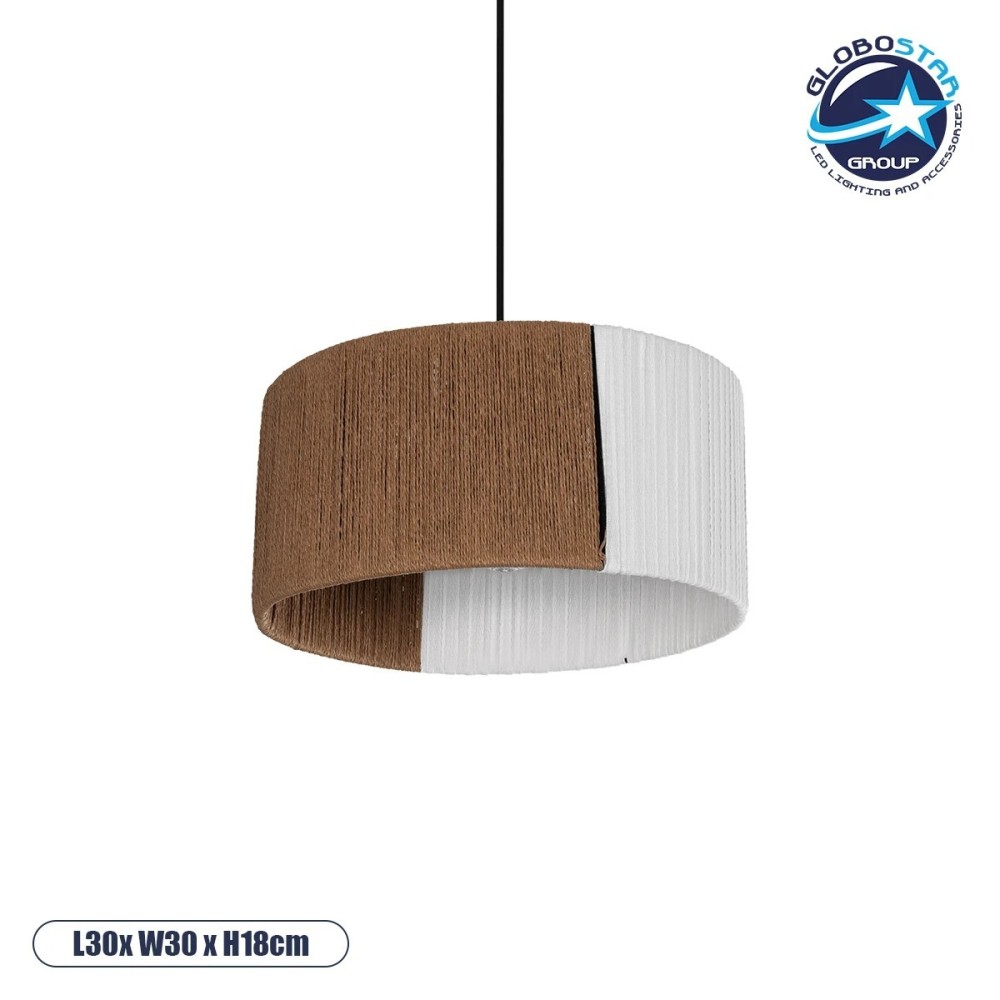 GLOBOSTAR® TAG 205-0059 Boho Κρεμαστό Φωτιστικό Οροφής με Ντουί 1 x E27 AC 220-240V IP20 - Λευκό & Καφέ - M30 x Π30 x Υ18cm